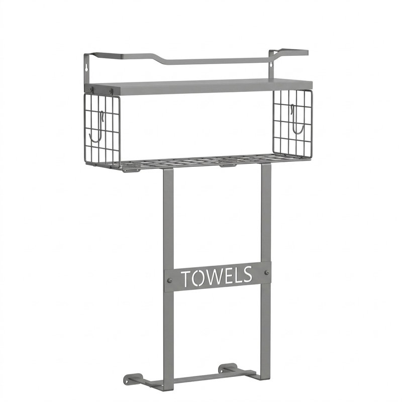 Porte-serviettes mural vertical en bois gris, rangement pour serviettes roulées à placer au-dessus des toilettes, idéal pour les petites salles de bain.