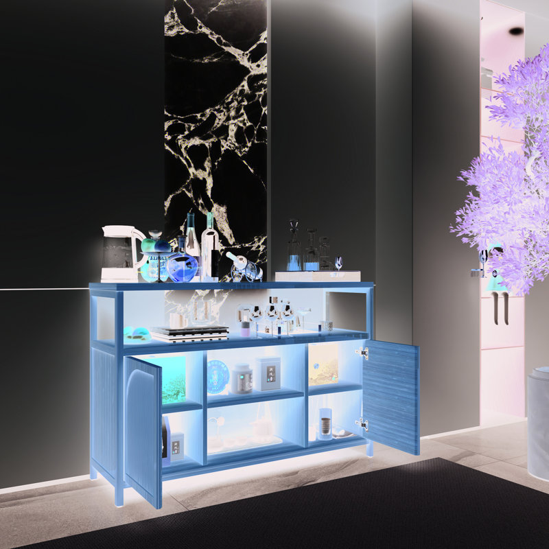 Buffet de salle de bain avec tablette ouverte à 2 niveaux, tablettes intérieures et large plateau de table, idéal pour ranger des serviettes, des articles de toilette, des produits de bain, des poignées de porte magnétiques, facile à utiliser, 49,85 po de profondeur, 15,74 po