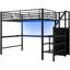 Lit mezzanine en métal noir avec bureau intégré, escalier de rangement, petite armoire et 7 couleurs à DEL, fonctionnel moderne avec éclairage à DEL, polyvalent