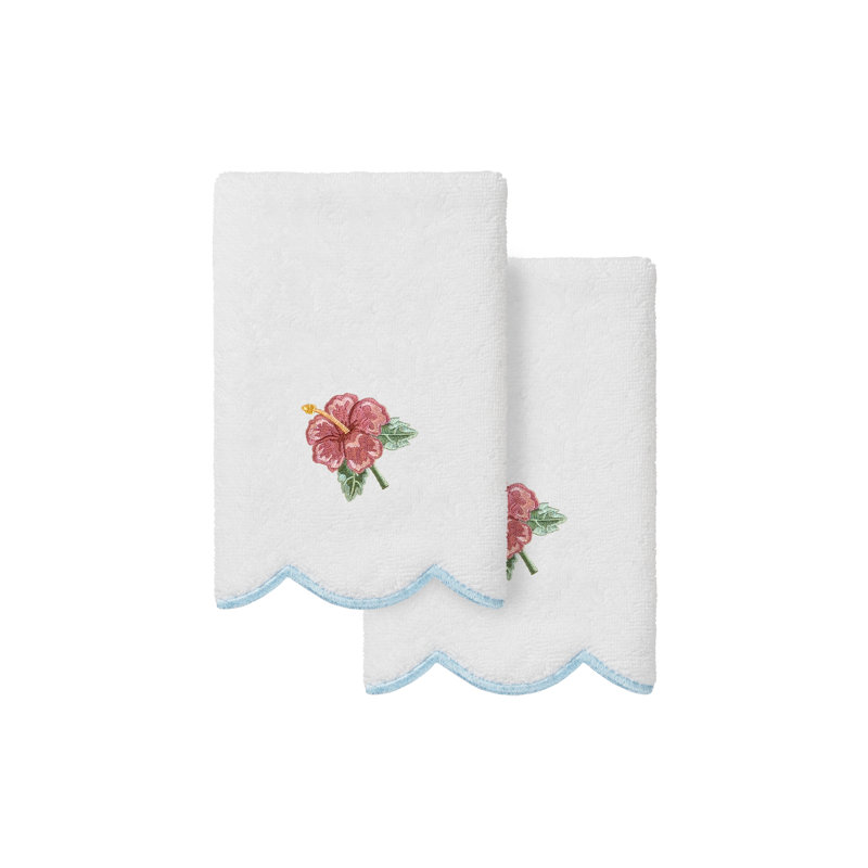  100% Turkish Cotton MAUI Scallop 2PC Embellished Fingertip Towel Set, Fingertip Towels - 2 Pack, White/Blue