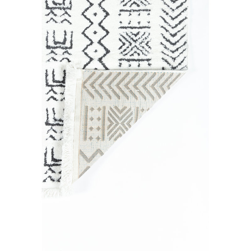 Ivory and Charcoal Geometric Stripe Synthetic Area Rug