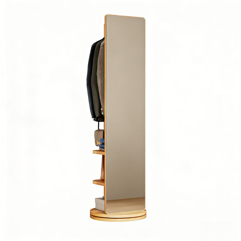 360° Rotating 69"X20" Multifunctional Full Length Mirror With Hook Storage Rack Coat Rack With Mirror Solid Wood Floor Mirror Bedroom Living Room Cloakroom Space Saving (Natural Wood)