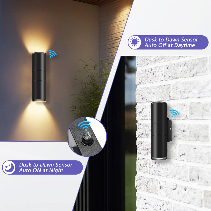 Outdoor Dusk-To-Dawn Sensor Wall Lights - IP65 Waterproof Aluminum Design, Matte Black, 2 Lights