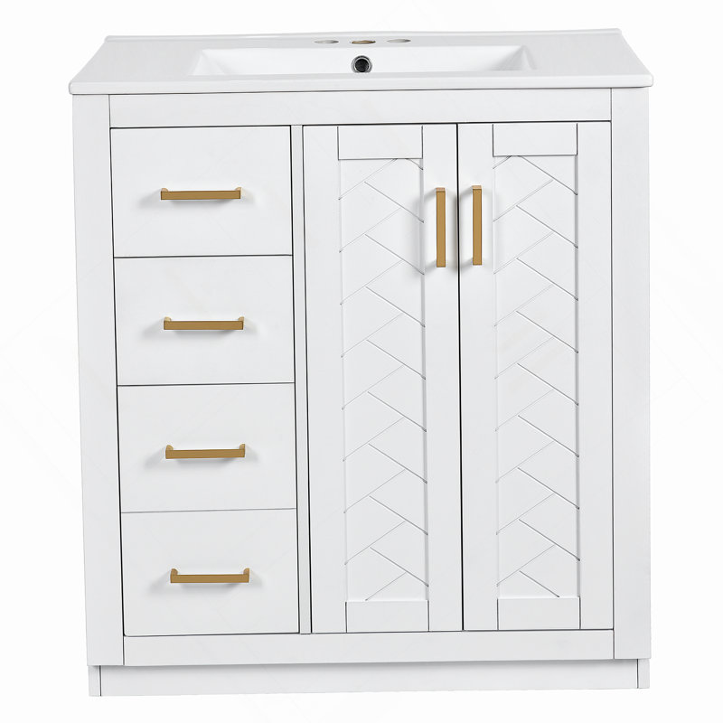 Ensemble de meuble-lavabo 30 po avec lavabo en céramique, armoire de rangement en bois massif, ensemble de meuble-lavabo autoportant avec 3 tiroirs et portes à fermeture douce