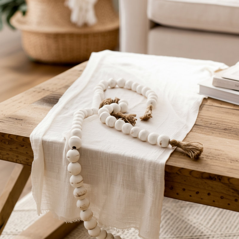 Guirlande de perles en bois de manguier avec pampille en jute, Blanc