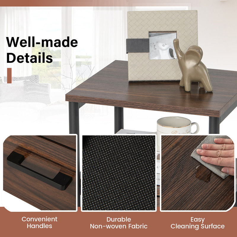 Walnut and Black 2-Drawer Nightstand with Open Shelf