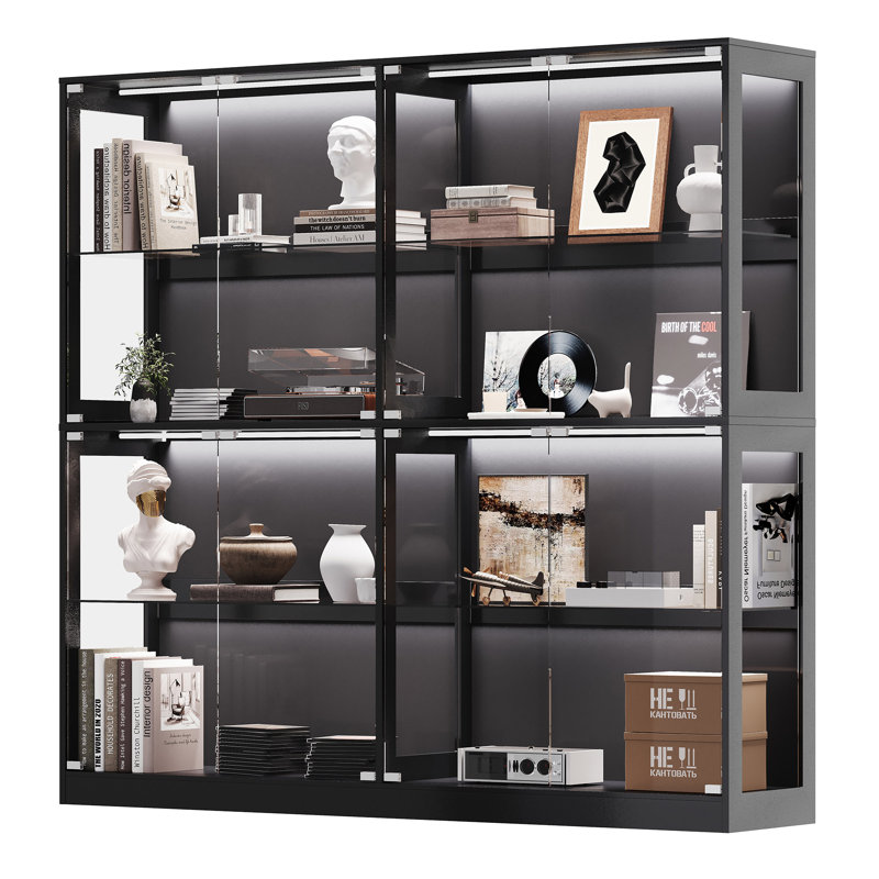 RGB Display Cabinet with Adjustable Glass Shelves, 4-Tier Storage Case with LED Lights & Press-to-Open Doors, Modern Display Shelf for Collectibles, Black 