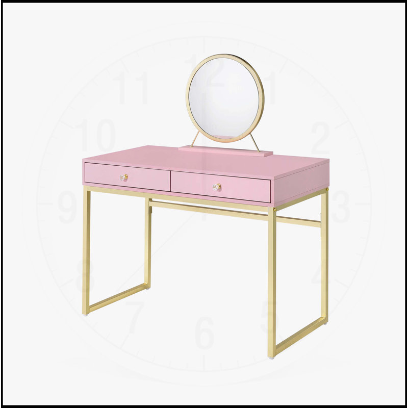 Versatile Vanity Desk with Mirror and Jewelry Tray for Stylish Spaces, Gold/Pink