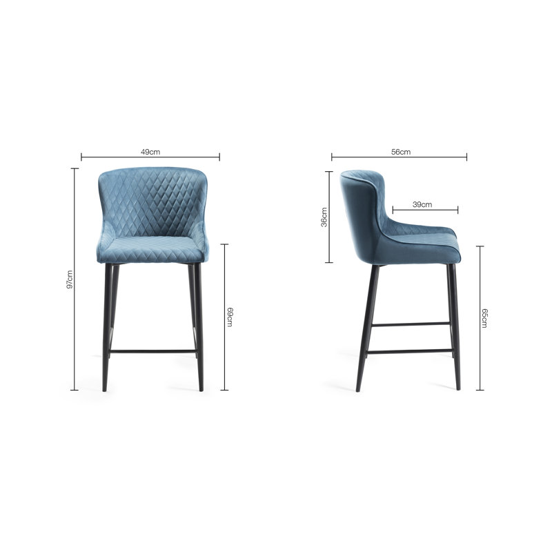 Mireille Upholstered Adjustable Height Counter Stool with Metal Frame, Petrol Blue, Black