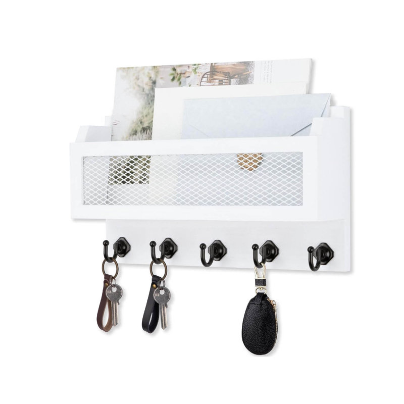 Wood Wall Organizer with Key Hooks, White