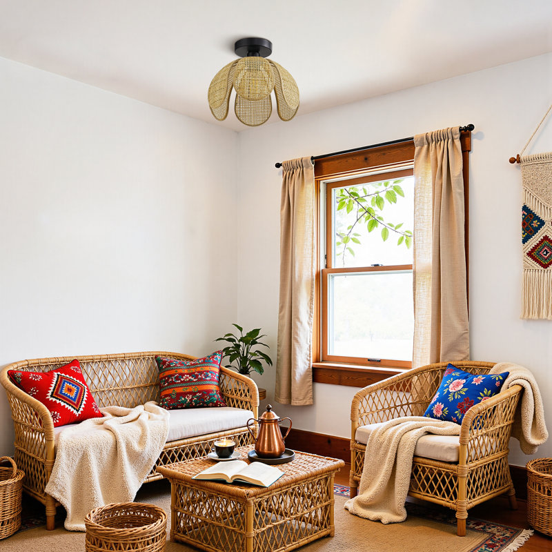 11.8” Six-petaled Woven Rattan Semi Flush Mount