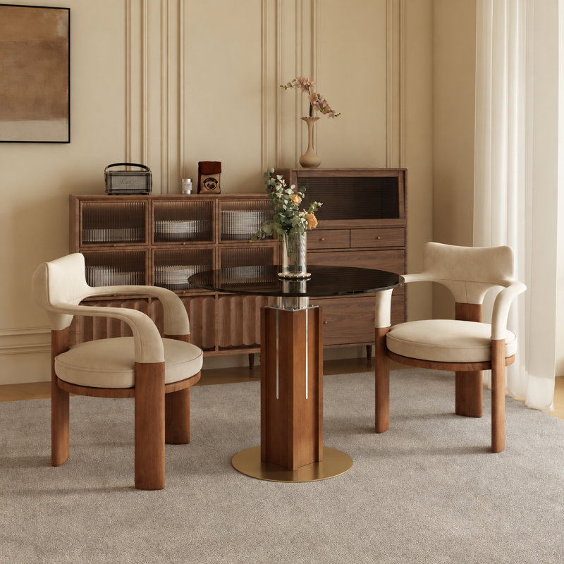 33" Luxe Round Dining Table with Multi-Layer Walnut Pedestal and Brushed Gold Base — Available in Glass, Warm Marble, and Marble Tops