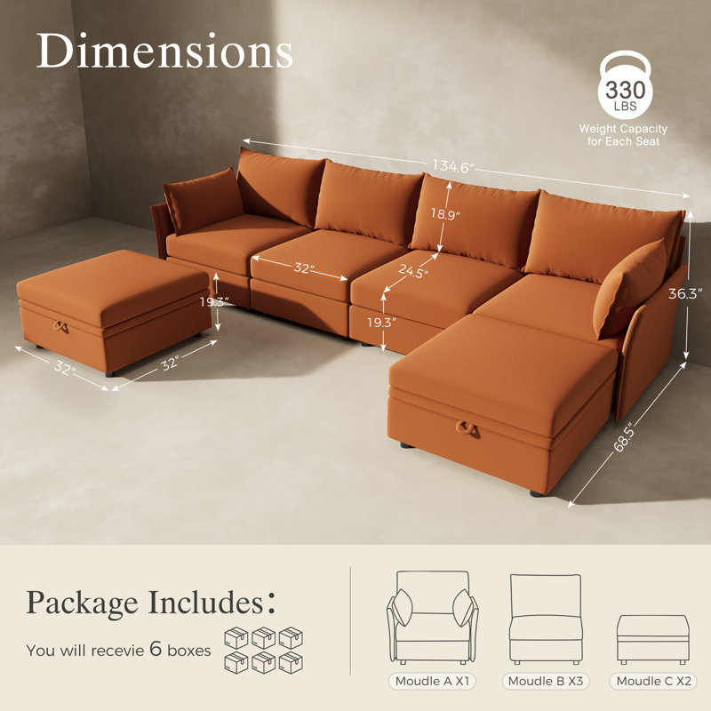 Canapé modulaire en U modulaire en forme de U, canapé Cloud moderne confortable, siège profond avec coussin décoratif et repose-pieds mobile, orange