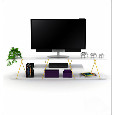 FurnisHome Store Tars Mid Century Modern Tv Stand 4 Shelves Open Storage Metal Cords Entertainment Centre 56 inch Low Tv Unit