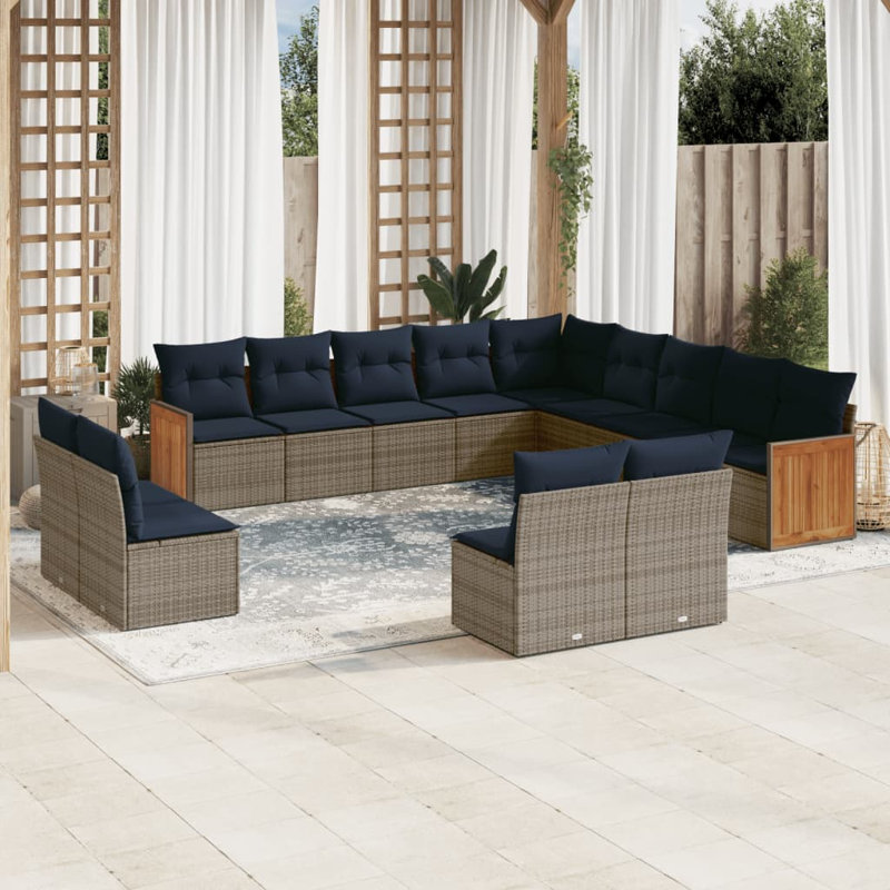 Ensemble de canapé de patio 14 pièces avec coussins en rotin de polyester gris