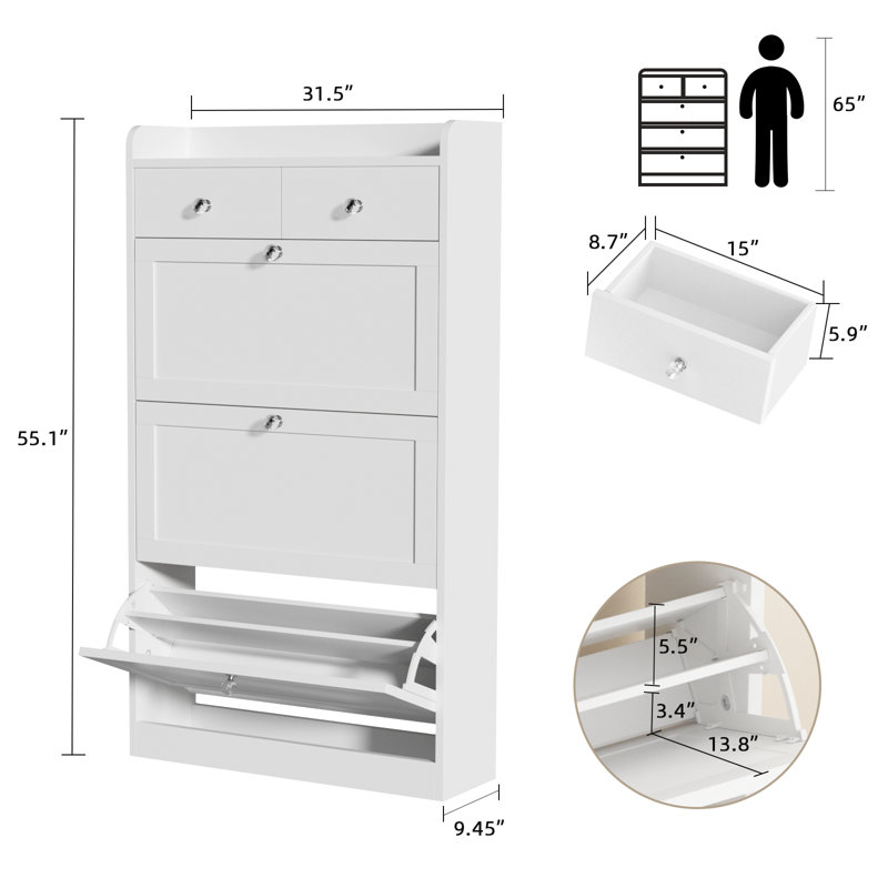 Shoe Storage Cabinet with 3 Flip Drawers, Narrow Shoe Rack with Diamond Handles for Entryway, Hallway, Living Room, White (Set of 2)