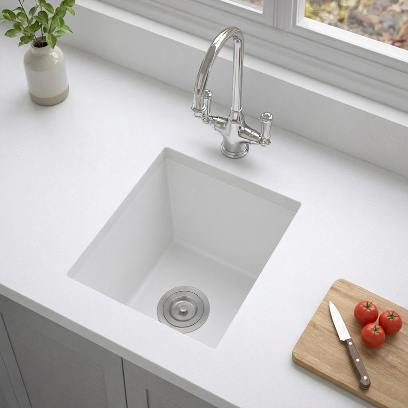 LQS 13''L X 15'' W Granite Composite Undermount White Bar Sink with Sink Grid and Basket Strainer, White