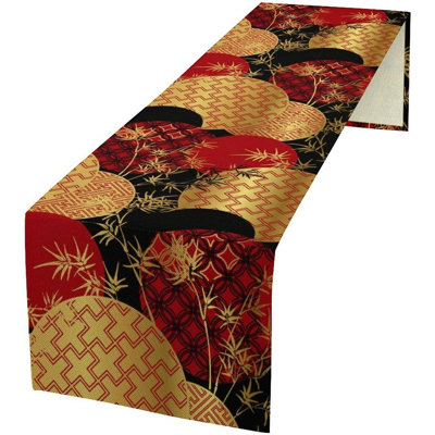 Table Runner – Red/Black/Gold – Japanese/Asian Bamboo Leaves Print, Luxury Design, For Dining Table, Holiday Party & Oriental Decor