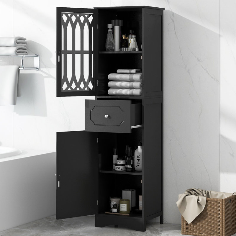 Grande armoire de salle de bain, armoire de rangement autoportante avec tiroir et portes, panneau de fibres à densité moyenne, porte en acrylique, tablette réglable