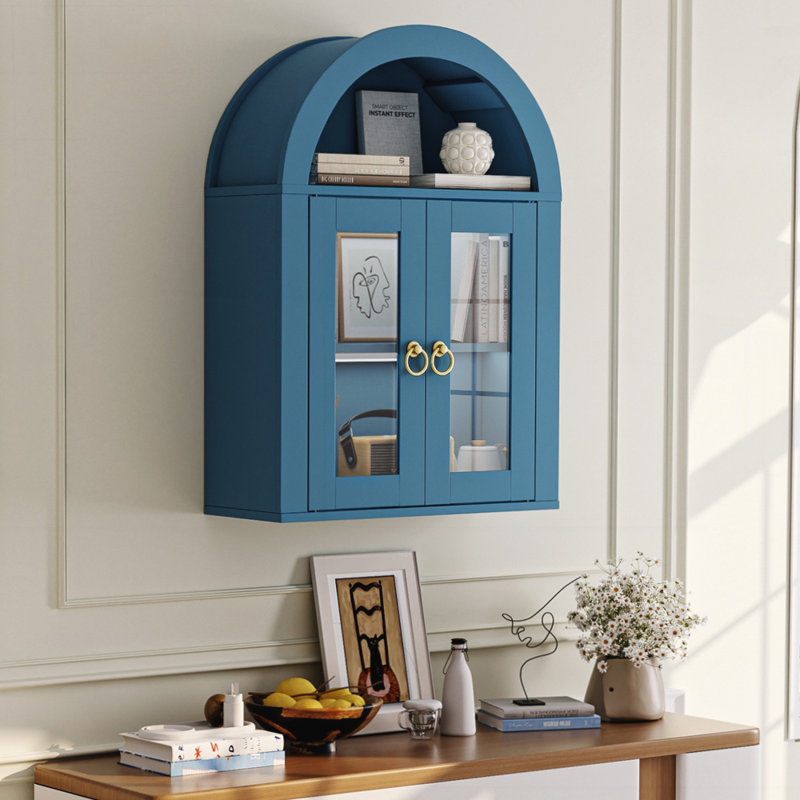 Wall Mounted Arched Cabinet with Glass Doors, Light and Adjustable Shelves for Laundry Room, Bathroom, Kitchen, Turquoise