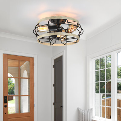 Taplin 15 po Plafonnier semi-encastré 3 lumières avec cage en métal noir et bois Farmhouse