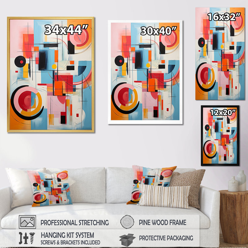 Pop Art Geometric Harmony I - Modern Canvas Wall Art, Black Picture Framed, 32" H x 24" W x 1" D