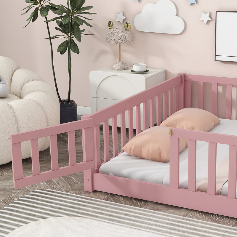 Lit plateforme double pleine grandeur avec clôture et porte, rose, Double, Rose