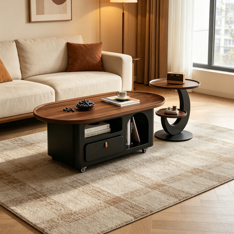 Simple Movable Wood Coffee Table Storage Drawers, 16.53" H x 39.37" L x 21.65" W, Nut-brown/Black