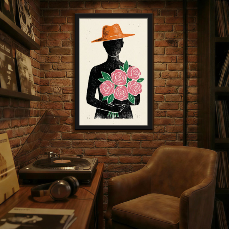 Silhouette de plantes et de fleurs avec un chapeau tenant des roses, H 18 po x l 12 po