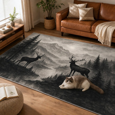 1 pièce, impression réaliste de paysage de forêt de cerfs - paysage de montagne brumeux, conception de faune majestueuse de wapiti, revêtement de sol artistique, tapis antidérapant lavable pour le salon, la chambre à coucher, le couloir à l'intérieur pour la maison