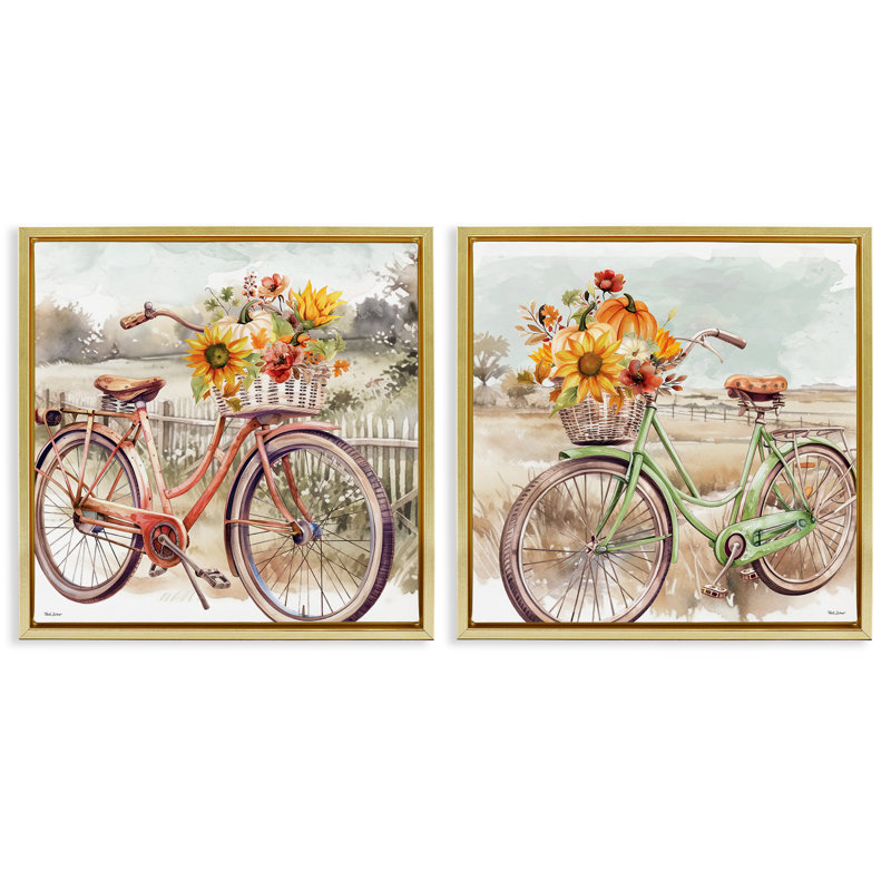 «Rustic Autumnal Bicyclcles», ensemble de 2 toiles par Nicole DeCamp, H 25 po x l 25 po, Cadre flottant métallique doré