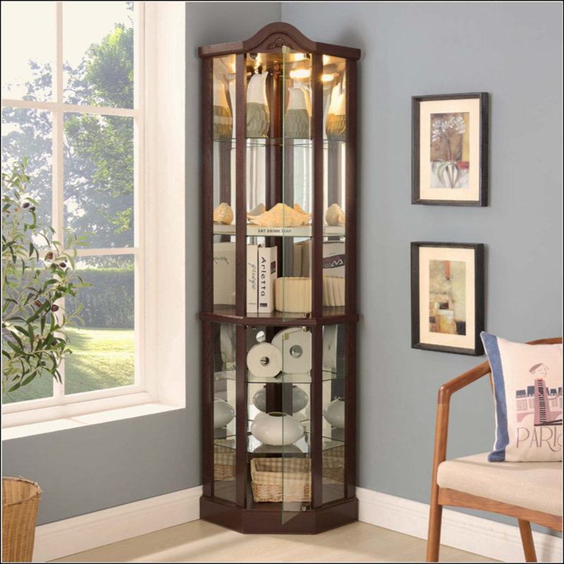 Lighted Glass Display Cabinet Corner Curio Cabinet With Adjustable Shelves Carved Cherry Decoration Wine Cabinet Perfect For Home Or Office Use