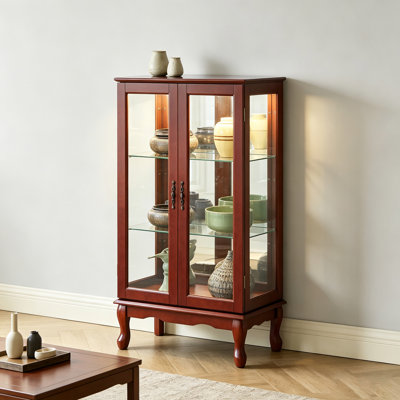 Cabinet Curio avec tablettes réglables et panneau arrière en miroir, portes en verre trempé (3 niveaux) (ampoule E26 non incluse)