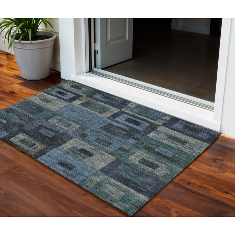 3' X 5' Blue Gray And Charcoal Geometric Washable Indoor Outdoor Area Rug