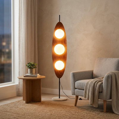 "Pacific" Floor Lamp - Wood Effect - 3 x G9 Mid-Century Modern Standing Light with Marble Base