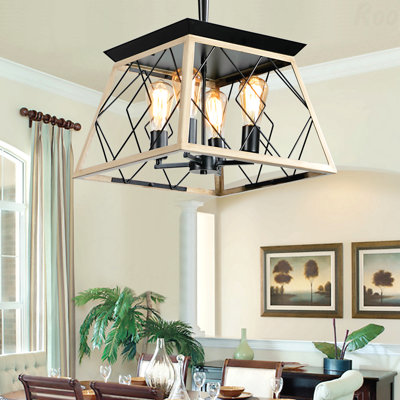 Lustre - luminaire suspendu industriel en chêne 4 lumières de 16 po de diamètre, cage moderne en métal, fonction de suspension réglable