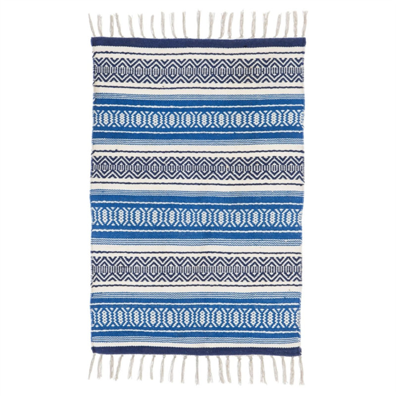 Tapis décoratif bleu/gris tissé à la main intérieur/extérieur à motif géométrique
