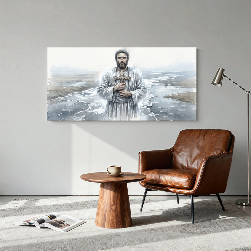 Jésus tenant une croix ornée dans un paysage brumeux à l'aquarelle, tableau mural sur toile, L 40 po x H 20 po