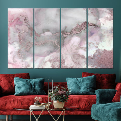 Elegant Modern Pink Marble Abstract Canvas Print for Home Decor,4P Wrapped Canvas