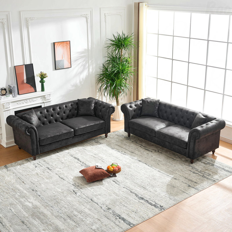 3+3 Seater Tech Fabric Chesterfield Sofa Set - Roll Armrest, Mid Century Modern, Combo Couch