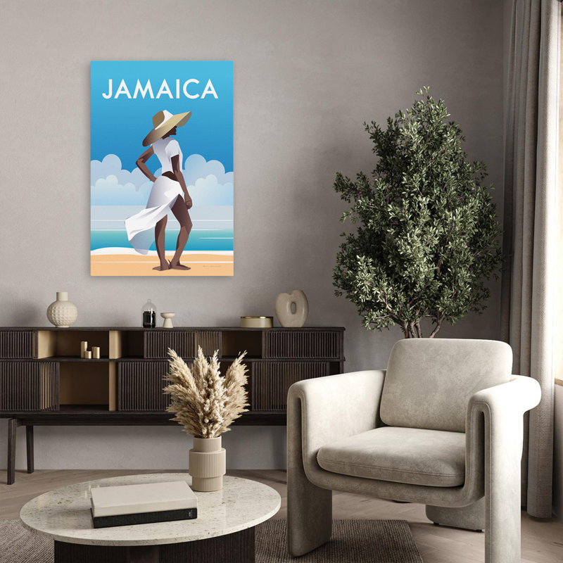 Jamaïque - Illustration contemporaine d'aventure en or bleu et blanc, H 36 po x l 24 po