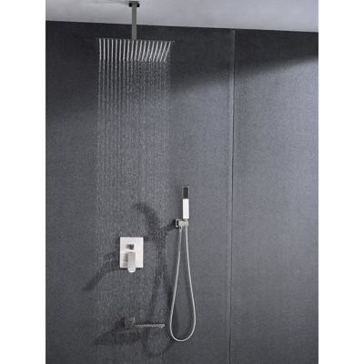 Brushed Nickel Stainless Steel Ceiling Mounted Shower With Handheld And 16" Head - Brings Natural Rainfall Self-cleaning Nozzle Handheld, Made Of