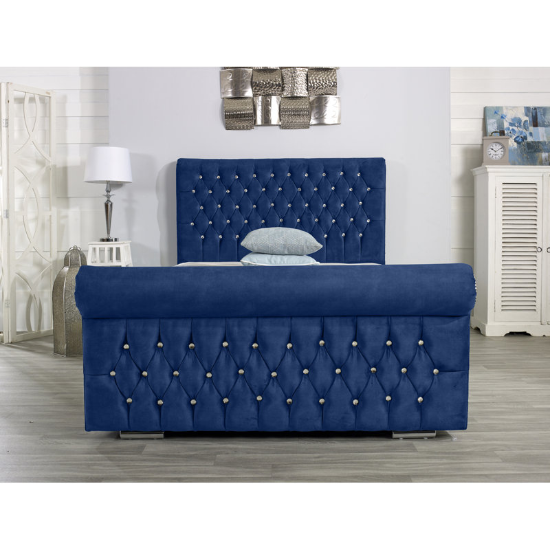 Herveline Upholstered Bed Frame, Blue, Double (4'6)