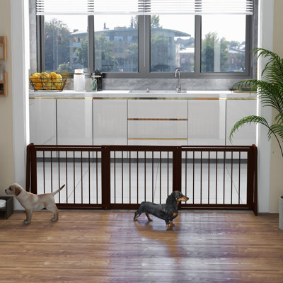 Wooden Pet Gate By , 3 Panel Retractable With 28"-74.8" Adjustable Length, Non-Slip, Stable, For Indoor, Stairway, Doorway, Brown Freestanding Dog Gate, 28"-75" Width, Non-Slip Mats, Resplendent