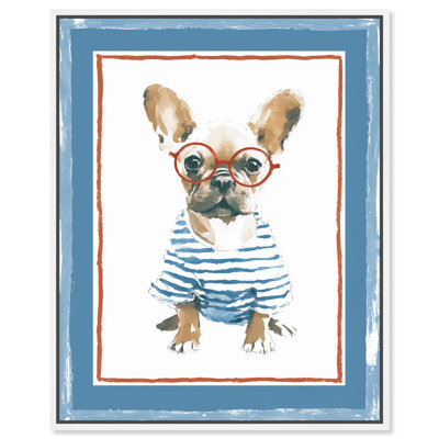 «Puppy with Glasses I», reproduction d'art sur toile par Art Remedy, cadre blanc, 30 x 36