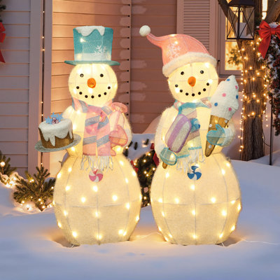 Décoration de Noël bonhomme de neige en tissu pré-illuminé sur le thème des bonbons (2 pièces)