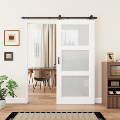 No Assembly Requied Panel, 3-Lite Frosted Tempered Glass Sliding Barn Doors White Primer Solid Manufactured Wood Closet Interior Door
