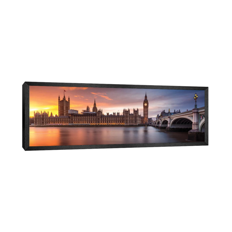 London Palace Of Westminster Sunset - Panoramic Print on Canvas, 152.4 cm H x 50.8 cm W, Black Framed