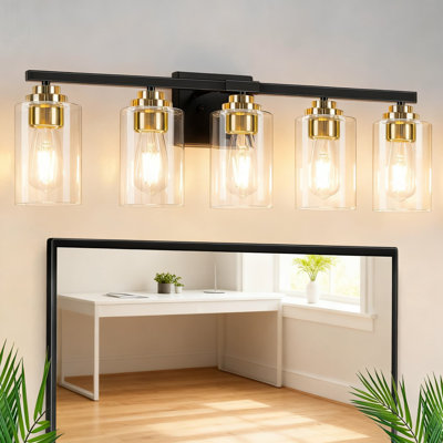 Luminaire de salle de bain 5 lumières, éclairage de salle de bain moderne avec abat-jour en verre transparent, finition nickel brossé pour installation dans le miroir, le salon, la chambre à coucher et le porche