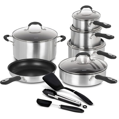 Cuisinart Advantage 14-Piece Non-Stick Pots and Pans Set, Silver, 55-14BSC | Easy-Grip Silicone Handles